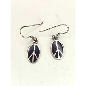Peace Sign Earrings Sterling Silver Onyx Inlay Pierced Hooks Boho Style 2.3 Gram